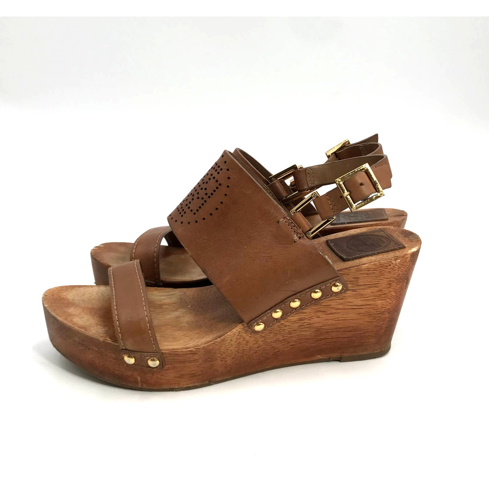 Tory Burch Brown Leather Laser Cut Logo Wood Wedge Sandals Size 8